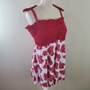 Womens Red White Floral Tie Shoulder Smocked Tankini Swim Set